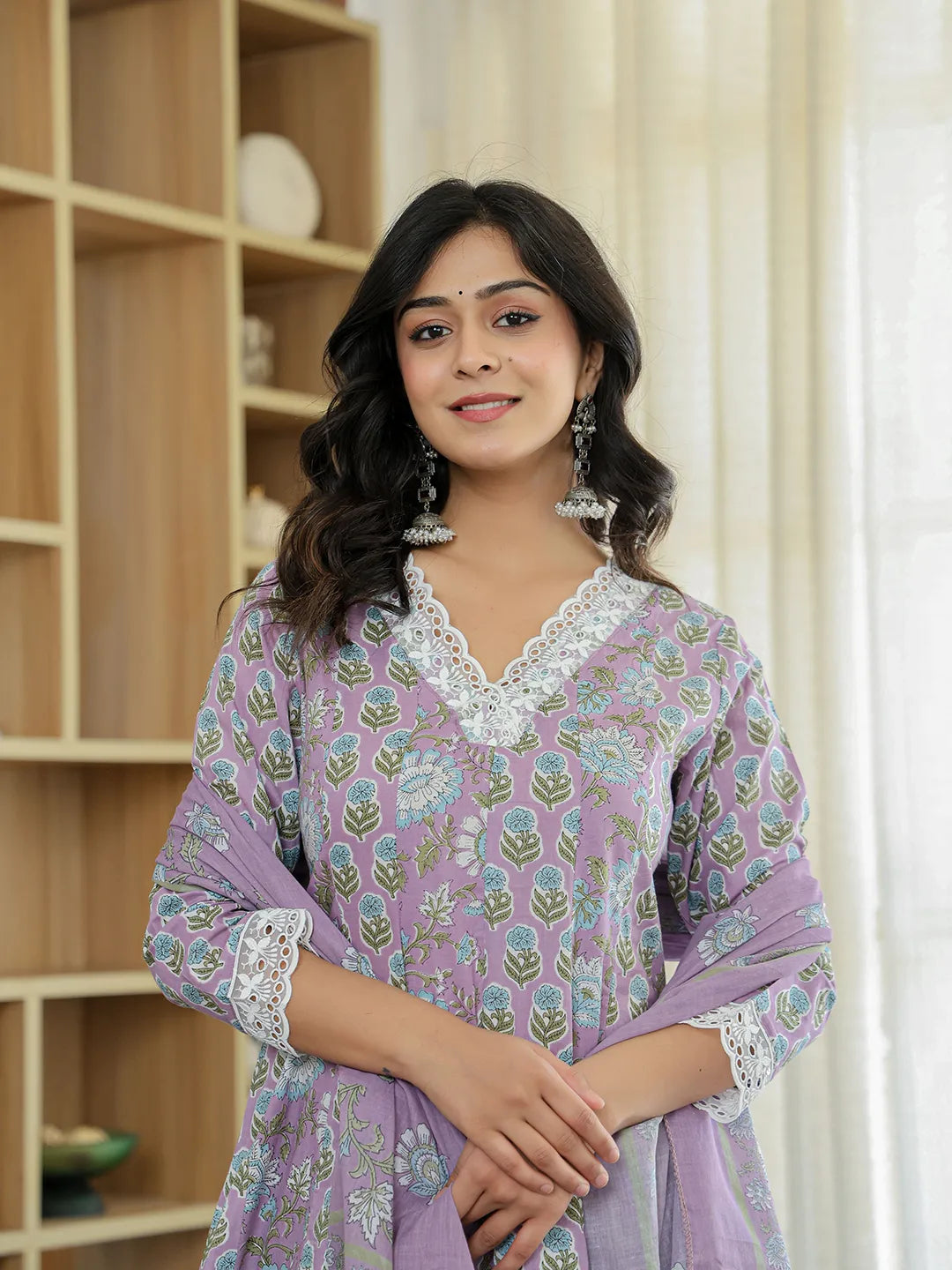 Lavender Pure Cotton Anarkali Kurta Dupatta Set With Lacework