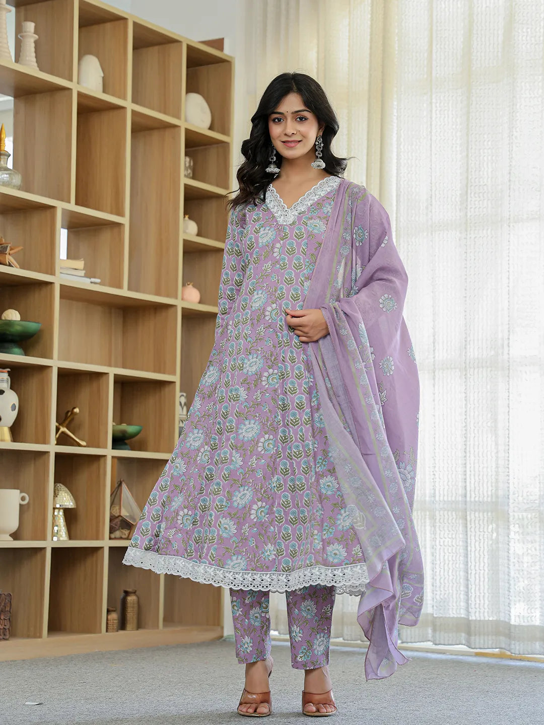 Lavender Pure Cotton Anarkali Kurta Dupatta Set With Lacework