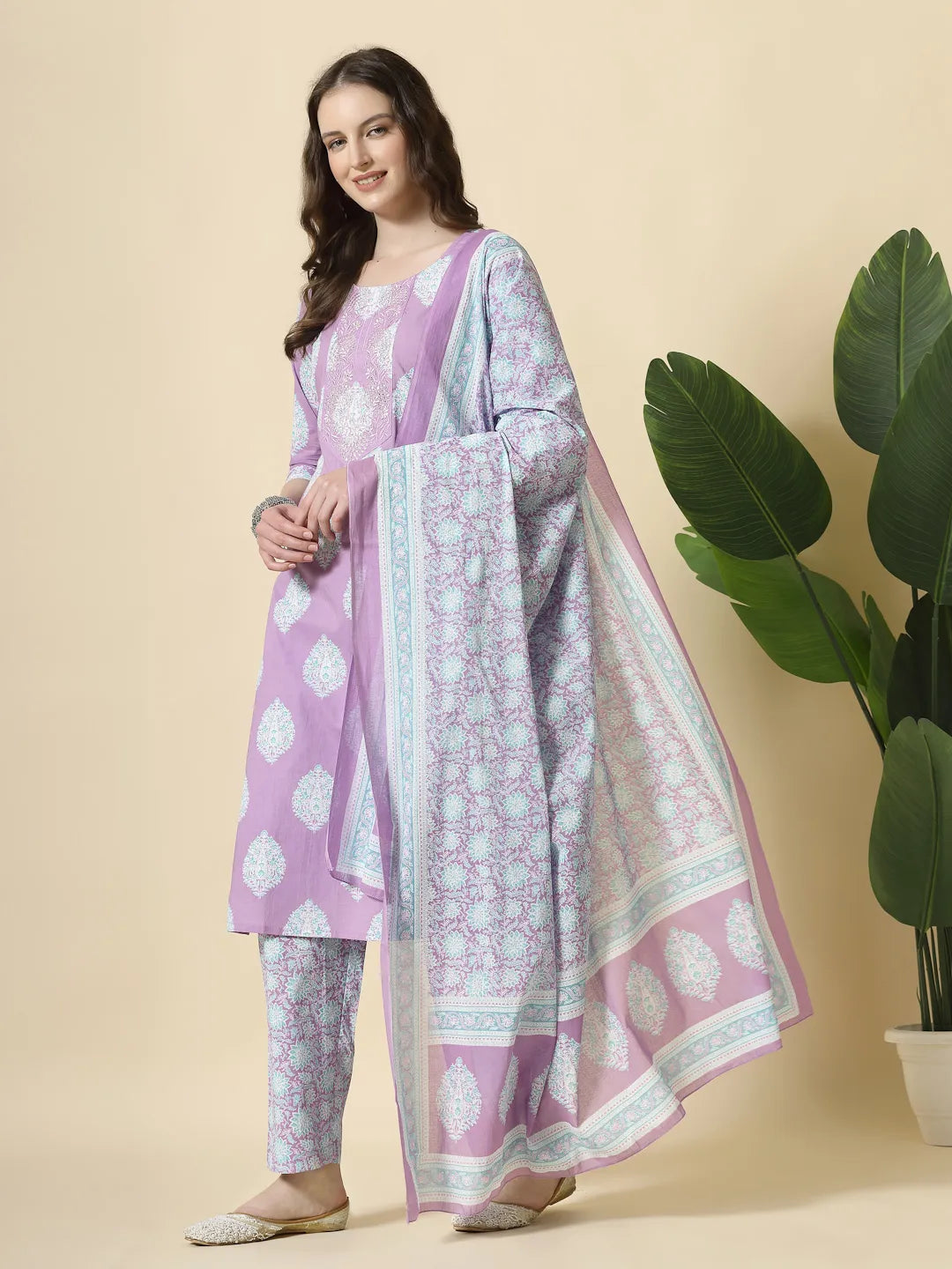 Lavender Pure Cotton Floral Printthreadwork Kurta Dupatta Pant Set