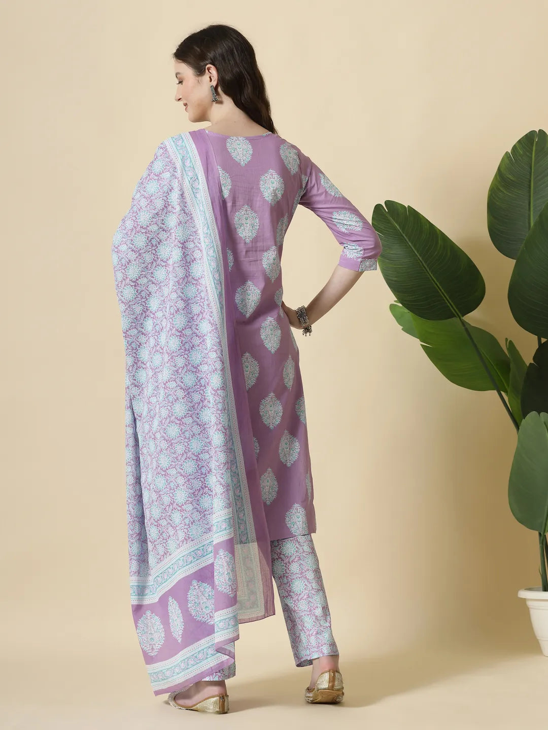 Lavender Pure Cotton Floral Printthreadwork Kurta Dupatta Pant Set