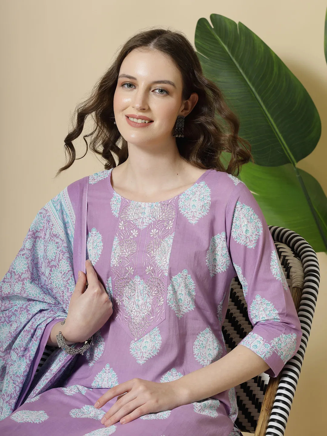 Lavender Pure Cotton Floral Printthreadwork Kurta Dupatta Pant Set