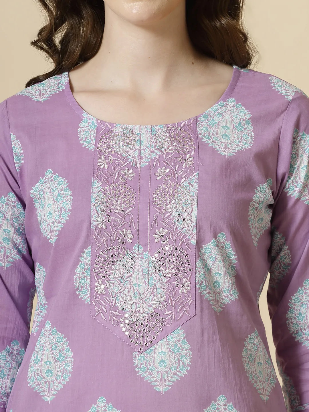 Lavender Pure Cotton Floral Printthreadwork Kurta Dupatta Pant Set