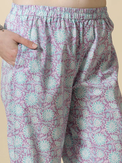 Lavender Pure Cotton Floral Printthreadwork Kurta Dupatta Pant Set