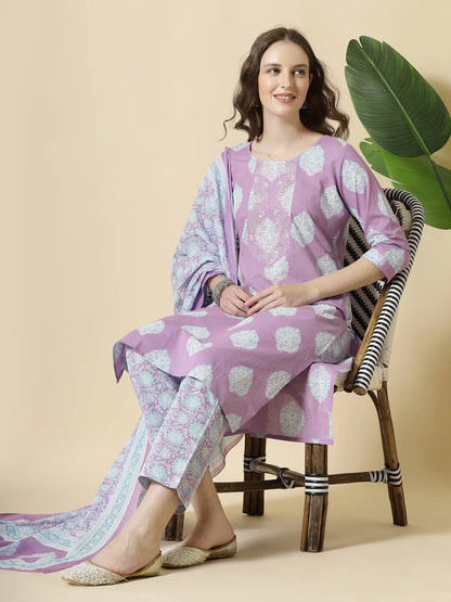Lavender Pure Cotton Floral Printthreadwork Kurta Dupatta Pant Set