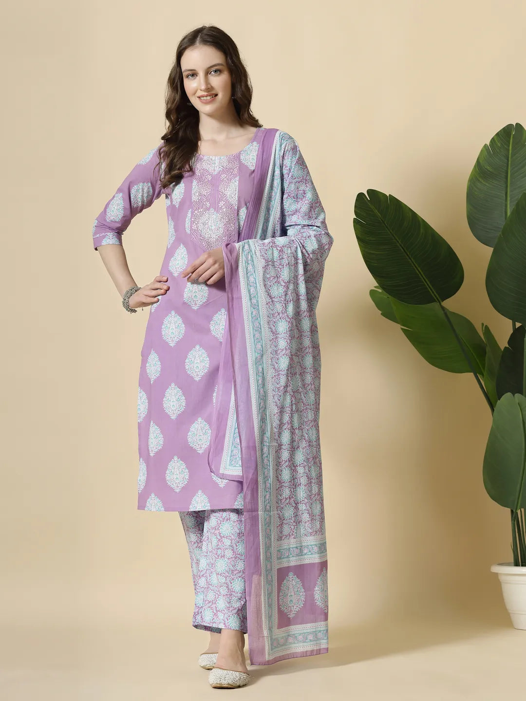 Lavender Pure Cotton Floral Printthreadwork Kurta Dupatta Pant Set