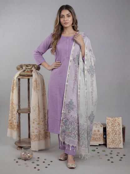 Silk Blend Straight Kurta Pant With Handblock Print Kota Doriya Dupatta Set