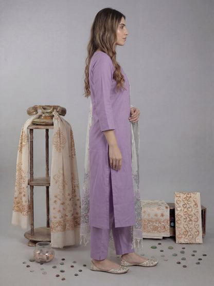 Silk Blend Straight Kurta Pant With Handblock Print Kota Doriya Dupatta Set