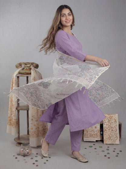 Silk Blend Straight Kurta Pant With Handblock Print Kota Doriya Dupatta Set