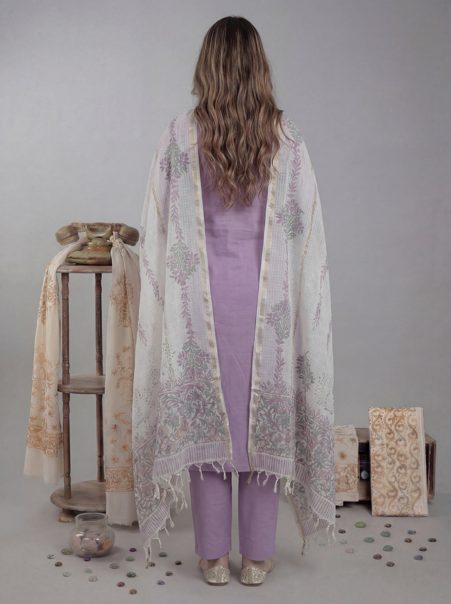 Silk Blend Straight Kurta Pant With Handblock Print Kota Doriya Dupatta Set