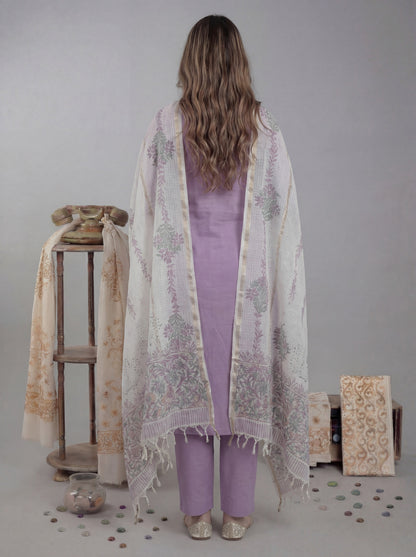 Silk Blend Straight Kurta Pant With Handblock Print Kota Doriya Dupatta Set