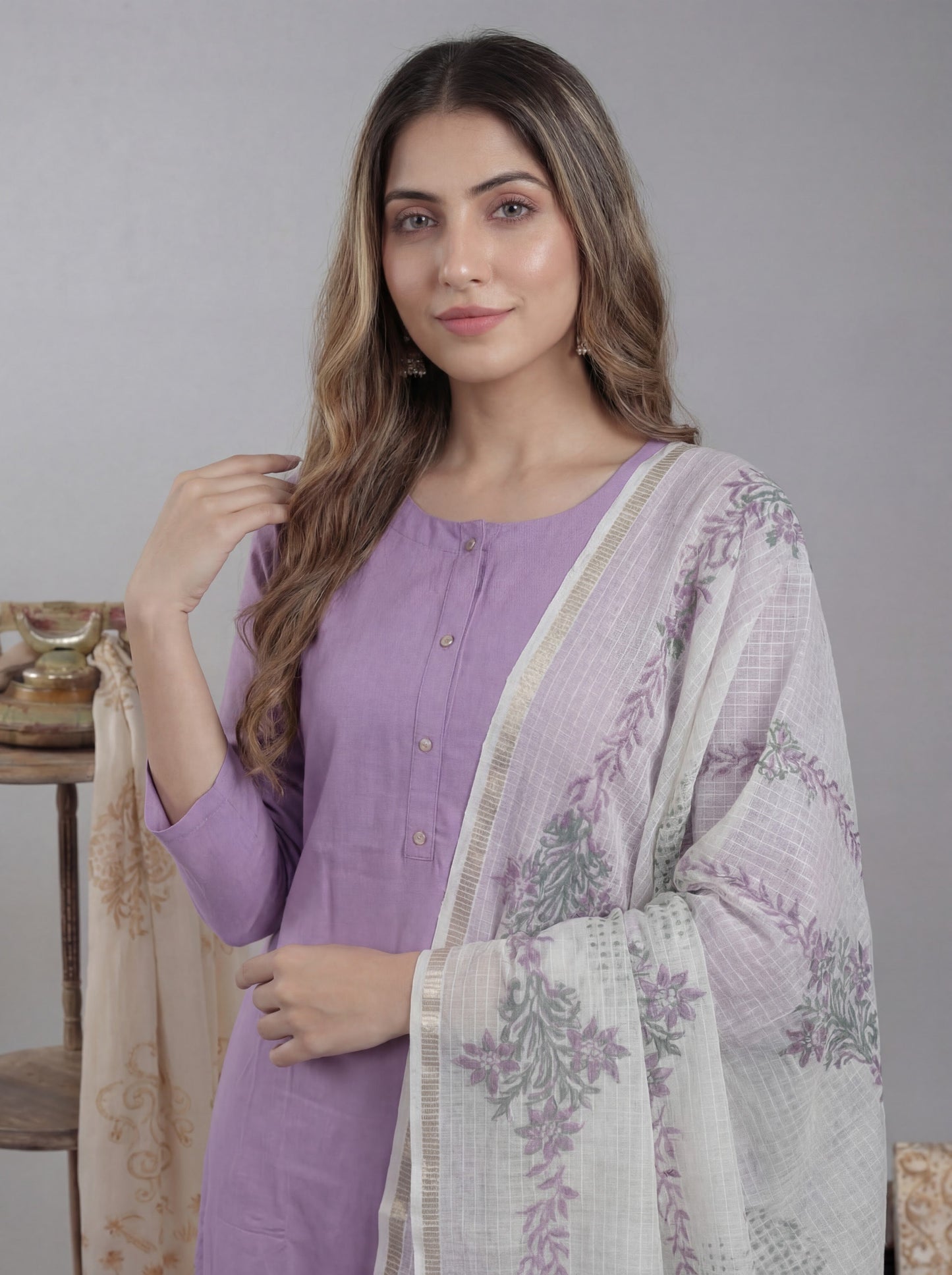 Silk Blend Straight Kurta Pant With Handblock Print Kota Doriya Dupatta Set