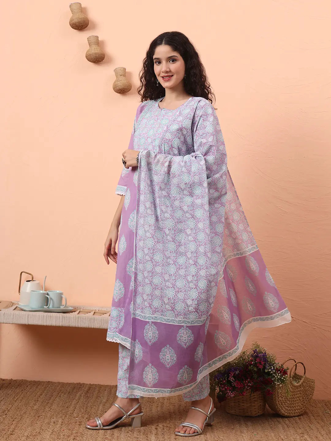 Lavender Straight Ethnic Motifs Zari Kurta Trouser Dupatta Set