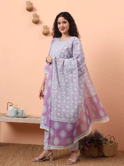 Lavender Straight Ethnic Motifs Zari Kurta Trouser Dupatta Set