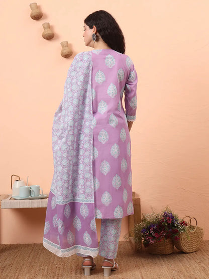Lavender Straight Ethnic Motifs Zari Kurta Trouser Dupatta Set
