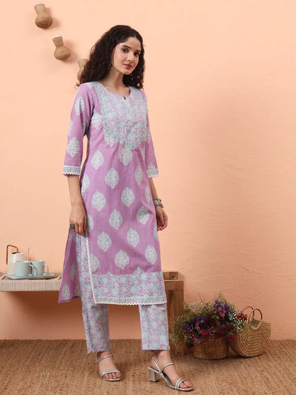 Lavender Straight Ethnic Motifs Zari Kurta Trouser Dupatta Set