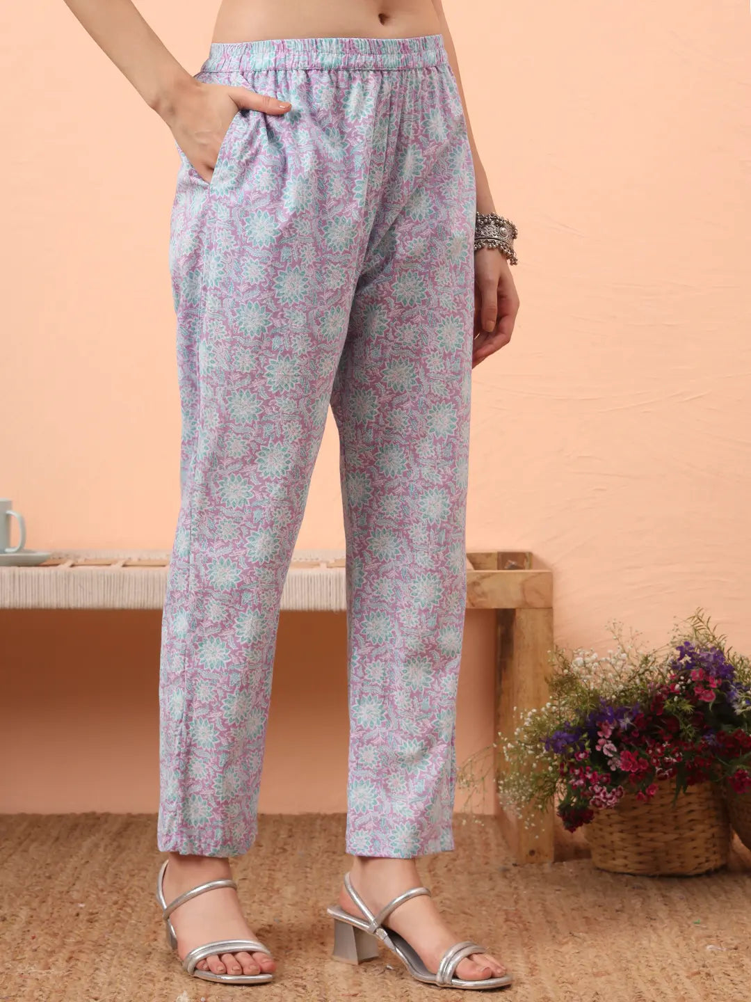 Lavender Straight Ethnic Motifs Zari Kurta Trouser Dupatta Set