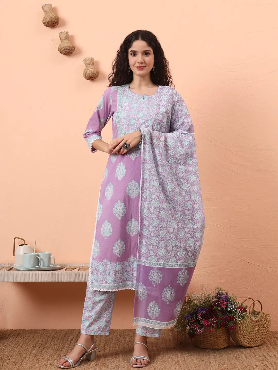 Lavender Straight Ethnic Motifs Zari Kurta Trouser Dupatta Set