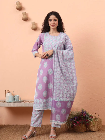 Lavender Straight Ethnic Motifs Zari Kurta Trouser Dupatta Set