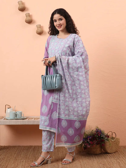 Lavender Straight Ethnic Motifs Zari Kurta Trouser Dupatta Set