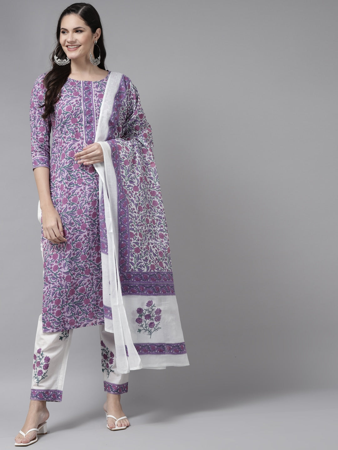 Lavender &amp; White Printed Dupatta Set