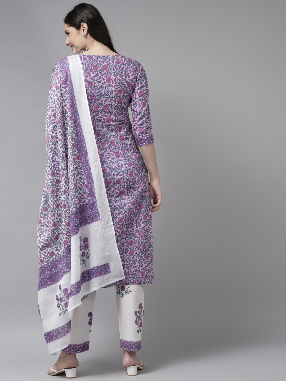 Lavender & White Printed Dupatta Set