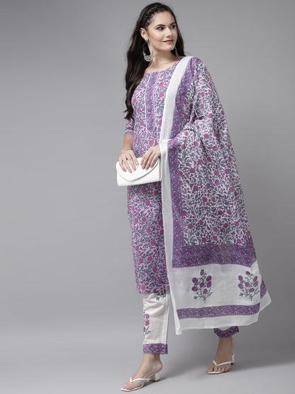 Lavender & White Printed Dupatta Set