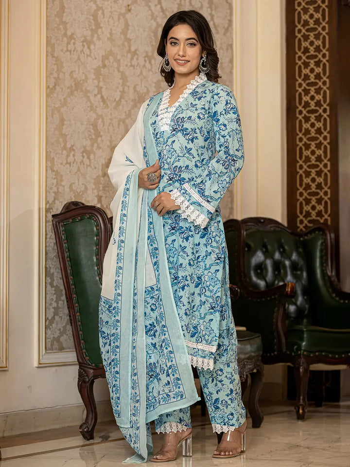 Light Blue Floral Print Straight Pakistani Style Kurta Trouser And Dupatta Set