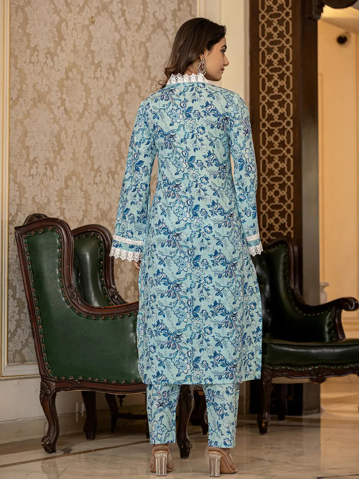 Light Blue Floral Print Straight Pakistani Style Kurta Trouser And Dupatta Set