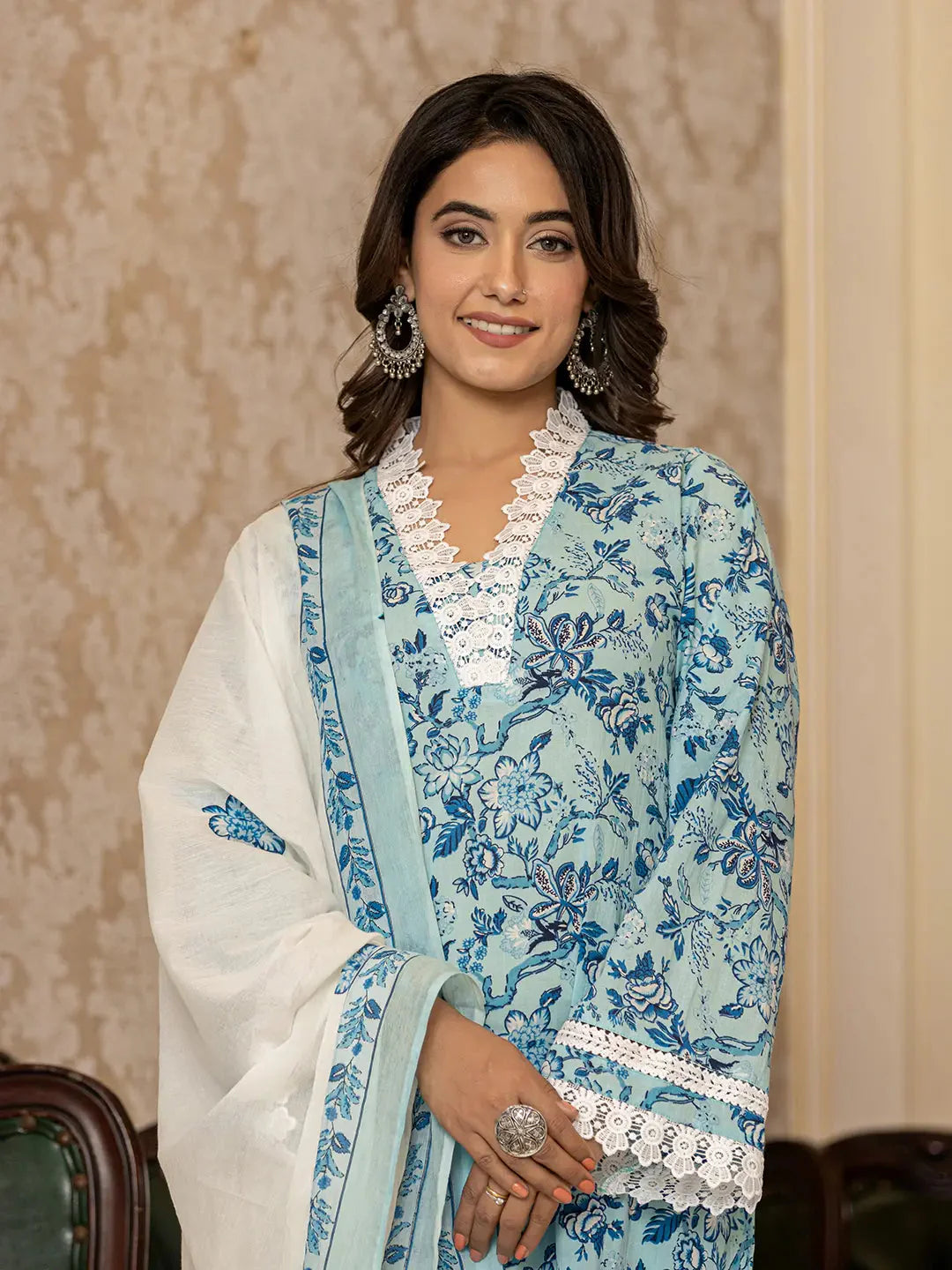 Light Blue Floral Print Straight Pakistani Style Kurta Trouser And Dupatta Set
