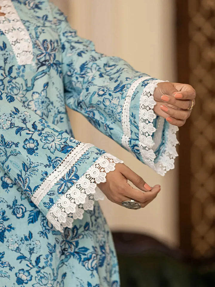 Light Blue Floral Print Straight Pakistani Style Kurta Trouser And Dupatta Set