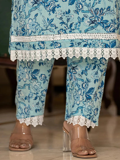 Light Blue Floral Print Straight Pakistani Style Kurta Trouser And Dupatta Set