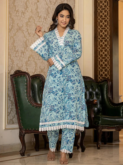 Light Blue Floral Print Straight Pakistani Style Kurta Trouser And Dupatta Set