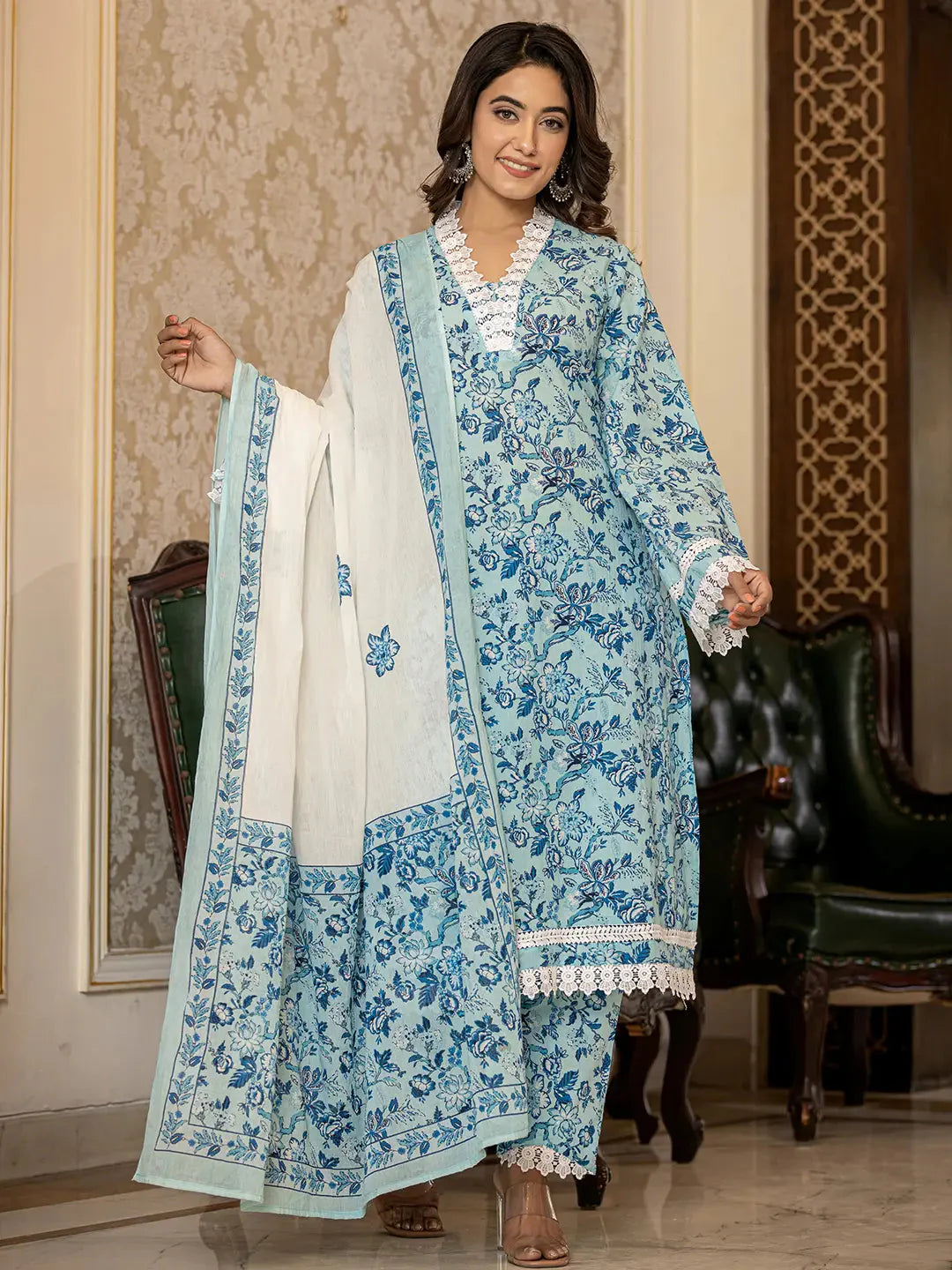 Women's Blue Cotton Light Blue Floral Print Straight Pakistani Style Kurta Trouser And Dupatta Set by Yufta, suitable for wholesale buyers, boutiques, retailers, resellers and bulk fashion orders from Trendphoria
