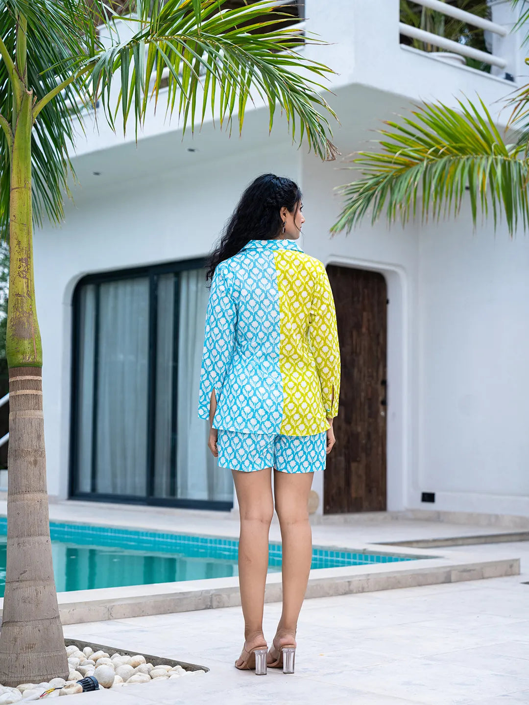 Lime Green & Blue Cotton Colour Blocking Co Ord Set