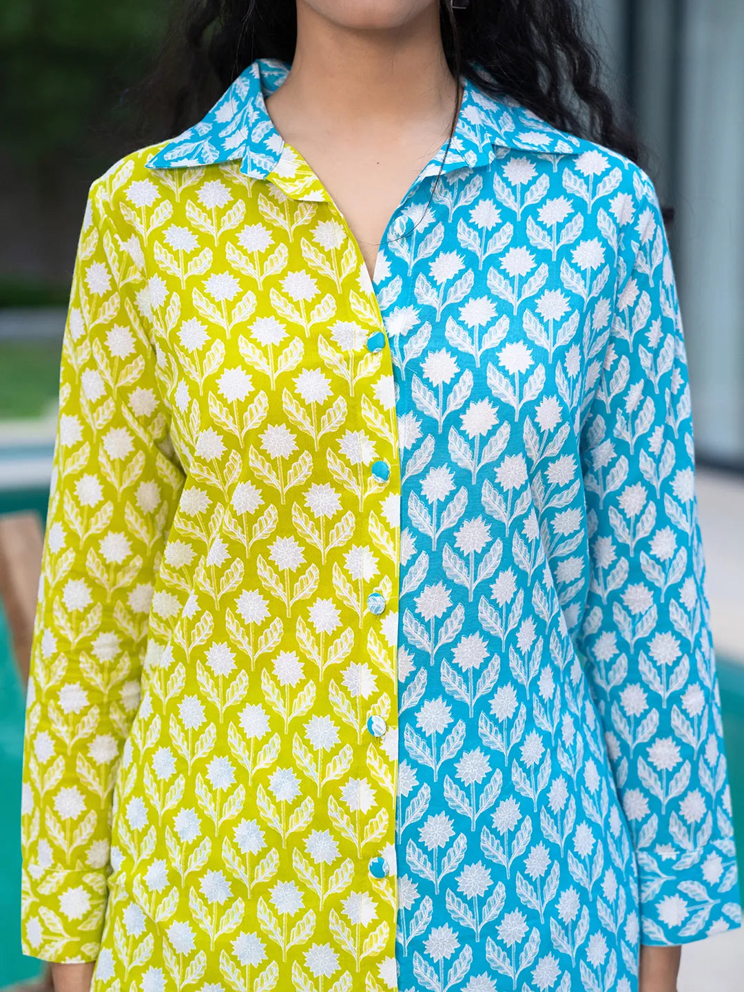 Lime Green & Blue Cotton Colour Blocking Co Ord Set