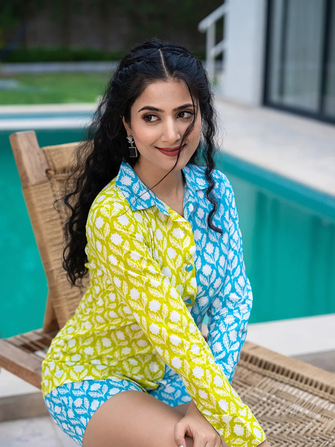 Lime Green & Blue Cotton Colour Blocking Co Ord Set