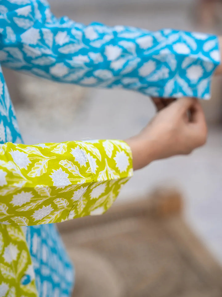 Lime Green &amp; Blue Cotton Colour Blocking Co Ord Set