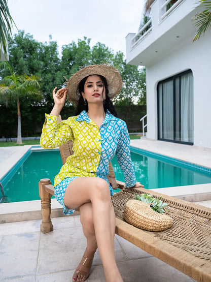 Lime Green & Blue Cotton Colour Blocking Co Ord Set