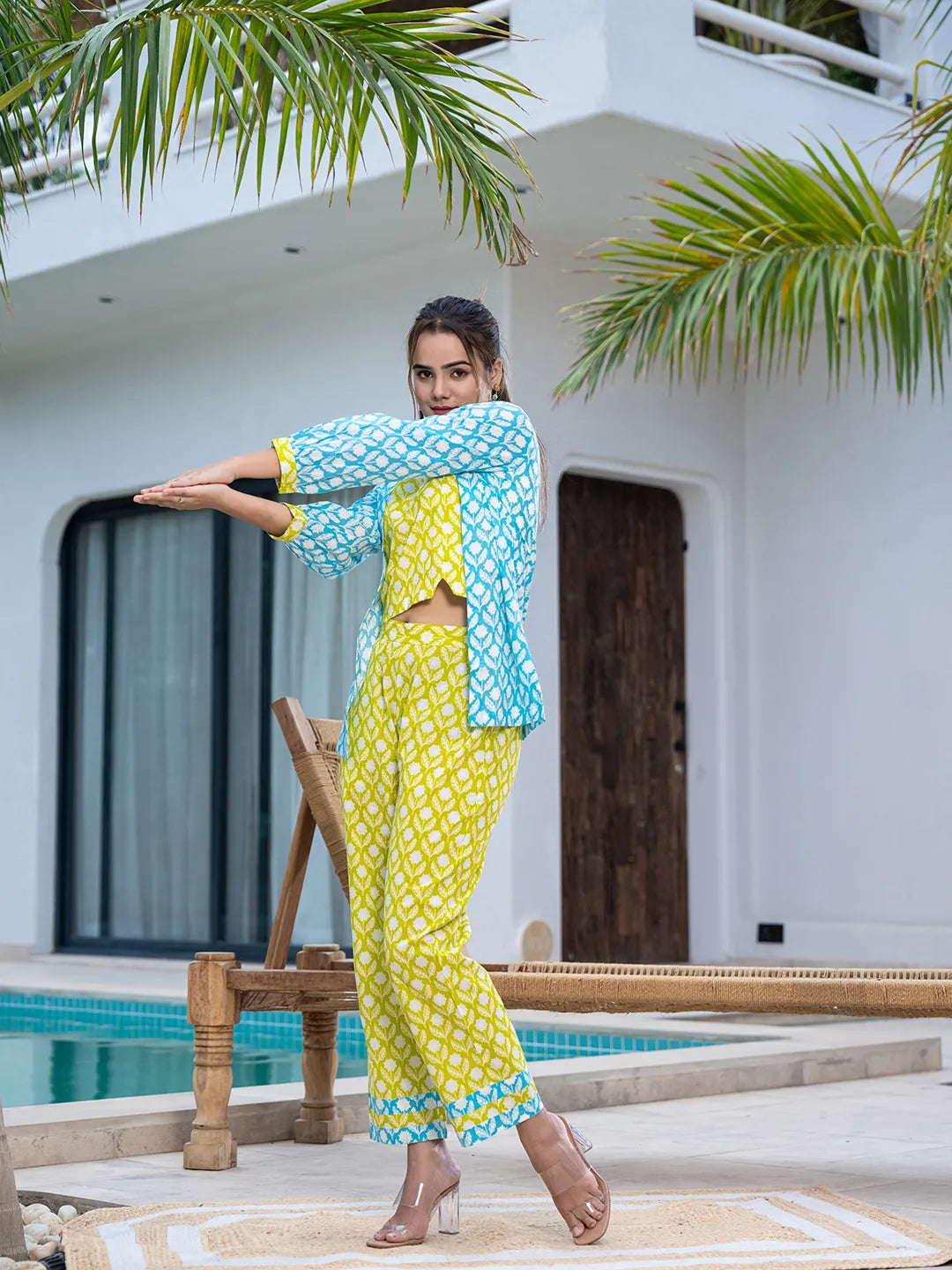 Lime Green &amp; Sky Blue Co Ord Set Add Jacket
