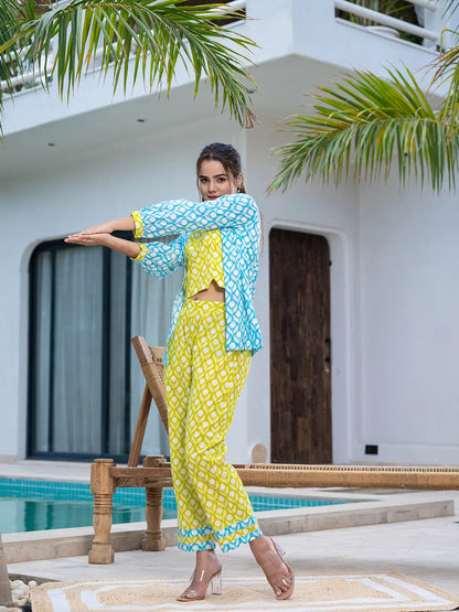 Lime Green & Sky Blue Co Ord Set Add Jacket