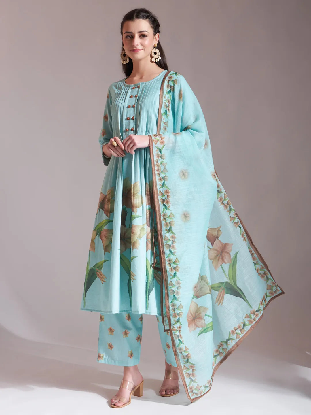 Linen Cotton Sea Green Anarkali Kurta Dupatta Pant Set