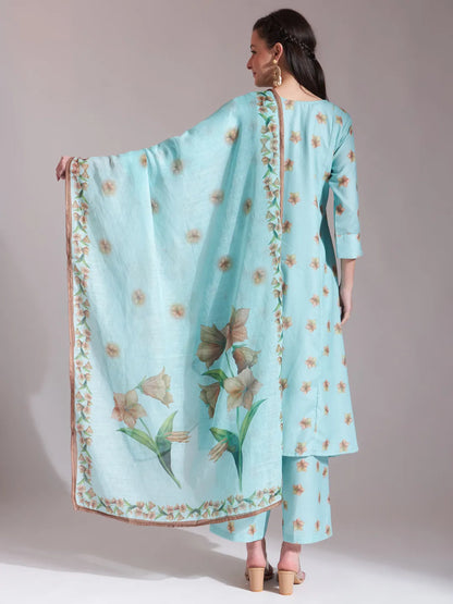 Linen Cotton Sea Green Anarkali Kurta Dupatta Pant Set