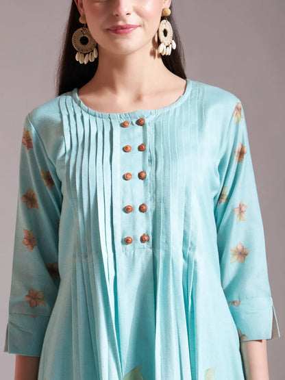 Linen Cotton Sea Green Anarkali Kurta Dupatta Pant Set