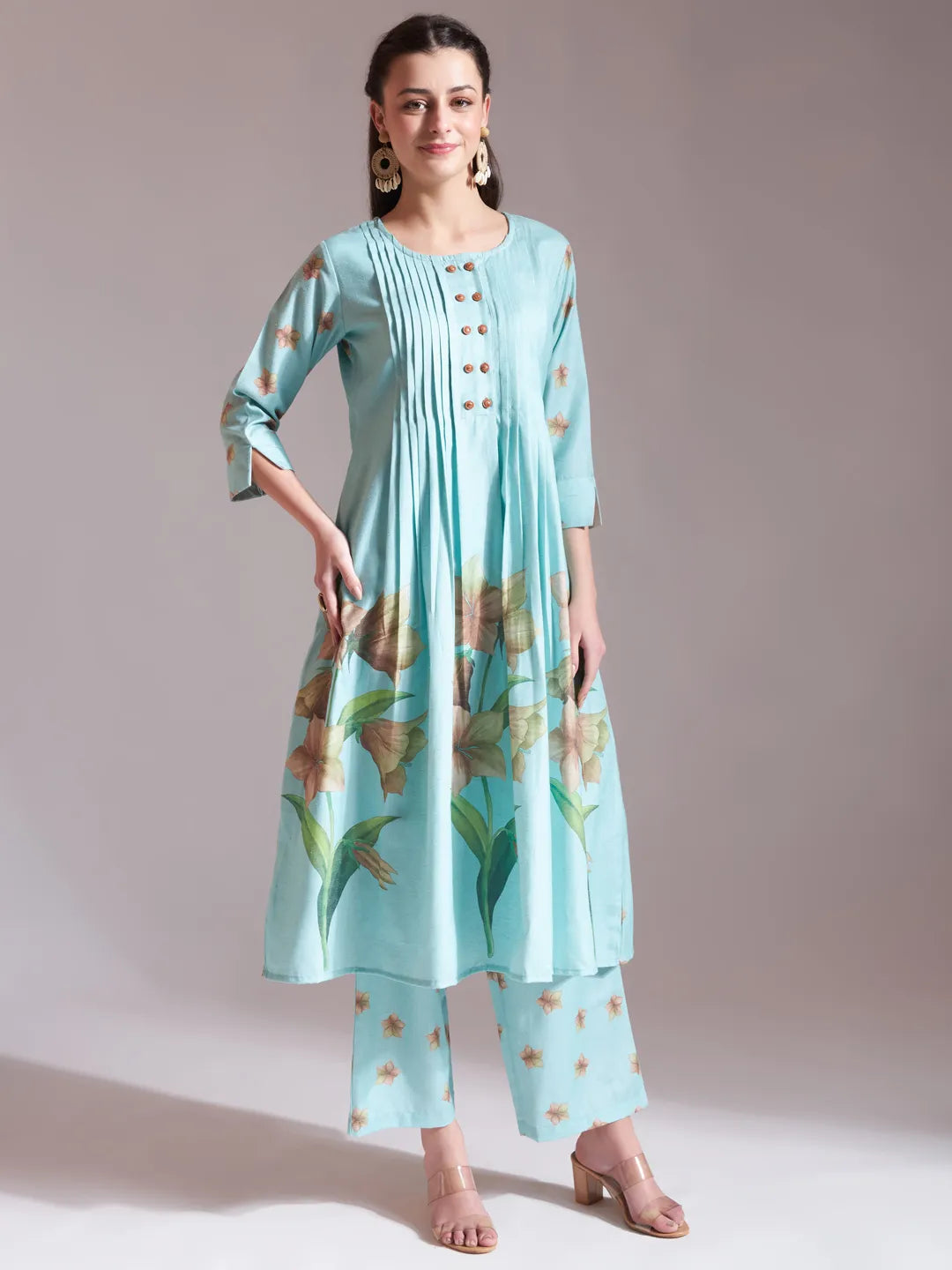 Linen Cotton Sea Green Anarkali Kurta Dupatta Pant Set