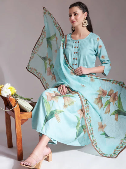 Linen Cotton Sea Green Anarkali Kurta Dupatta Pant Set