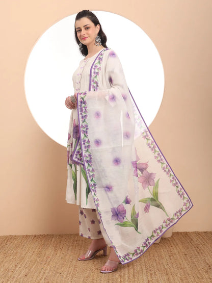 Linen Cotton White Anarkali Kurta Dupatta Pant Set