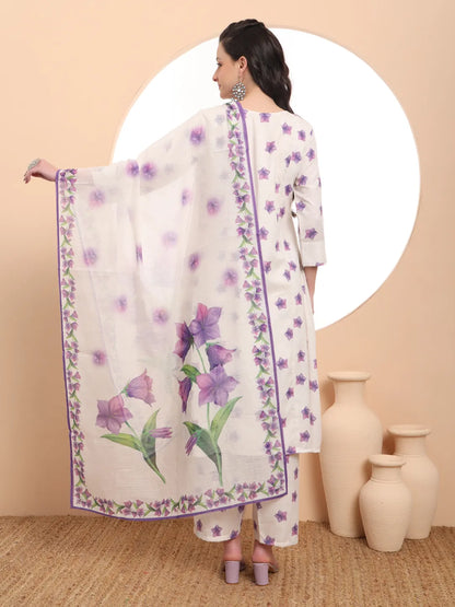 Linen Cotton White Anarkali Kurta Dupatta Pant Set
