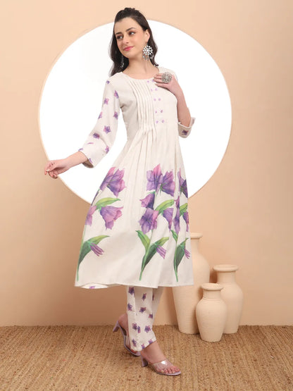 Linen Cotton White Anarkali Kurta Dupatta Pant Set