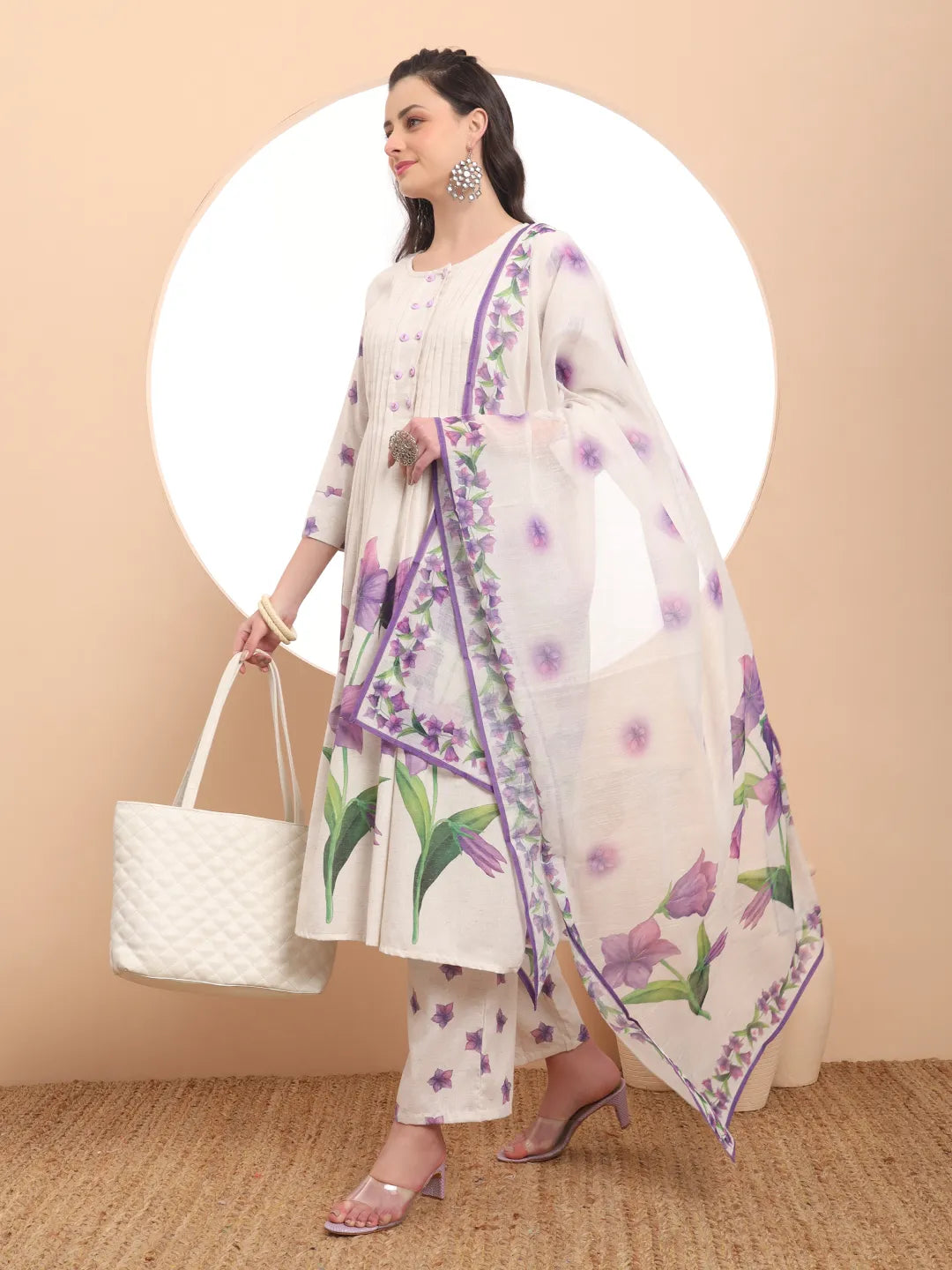 Linen Cotton White Anarkali Kurta Dupatta Pant Set