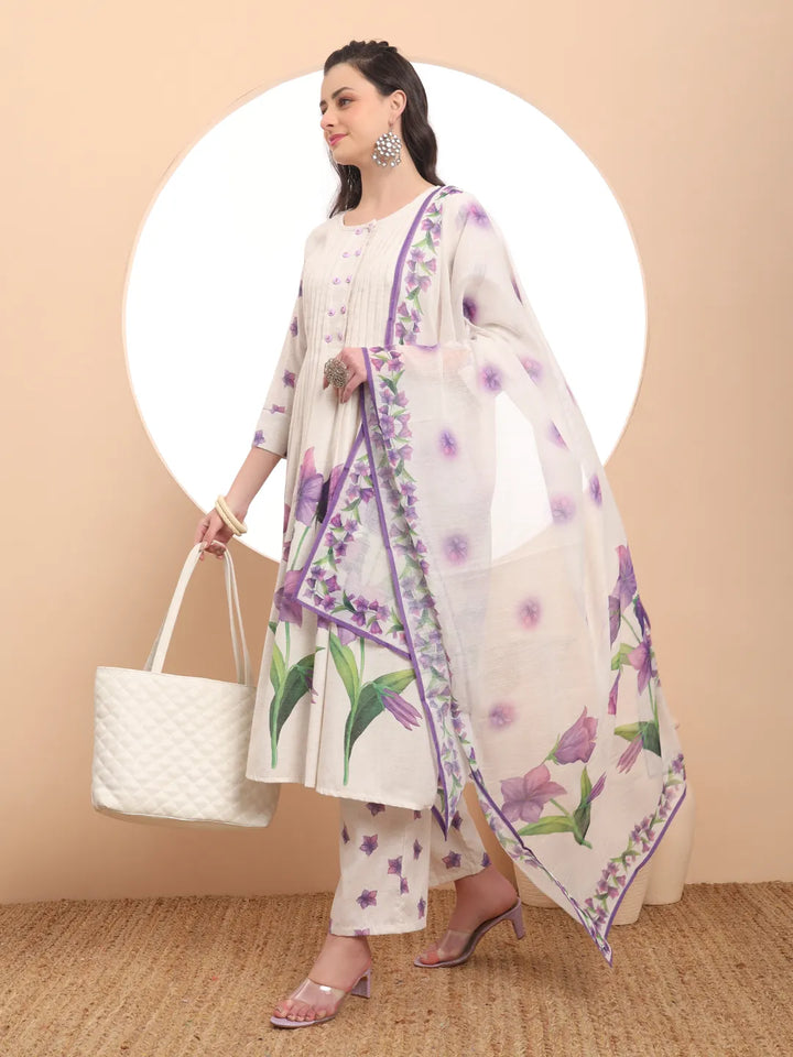 Linen Cotton White Anarkali Kurta Dupatta Pant Set